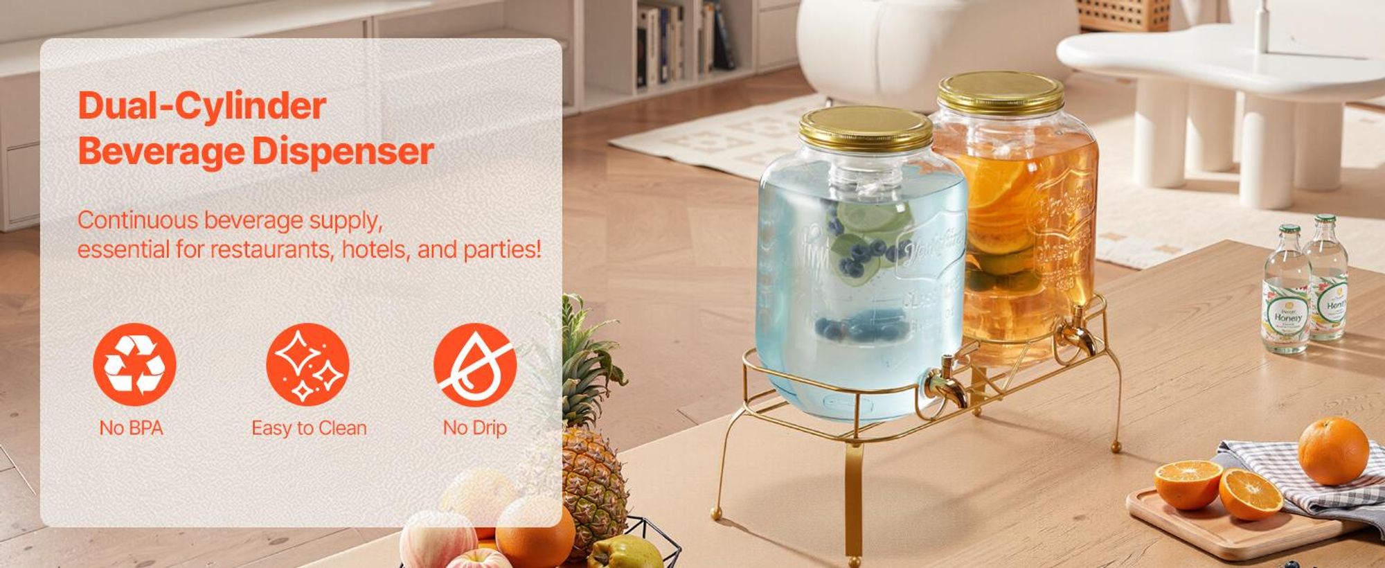 VEVOR Getränkespender, 11,4 Liter Getränkespender für Partys, Kunststoff-Saftspender mit Auslauf und Deckel, Eistee-Limonade-Saft-Wasserspender, für Restaurants, Hotels, Partys, 2er-Pack, 2x2 Gallonen