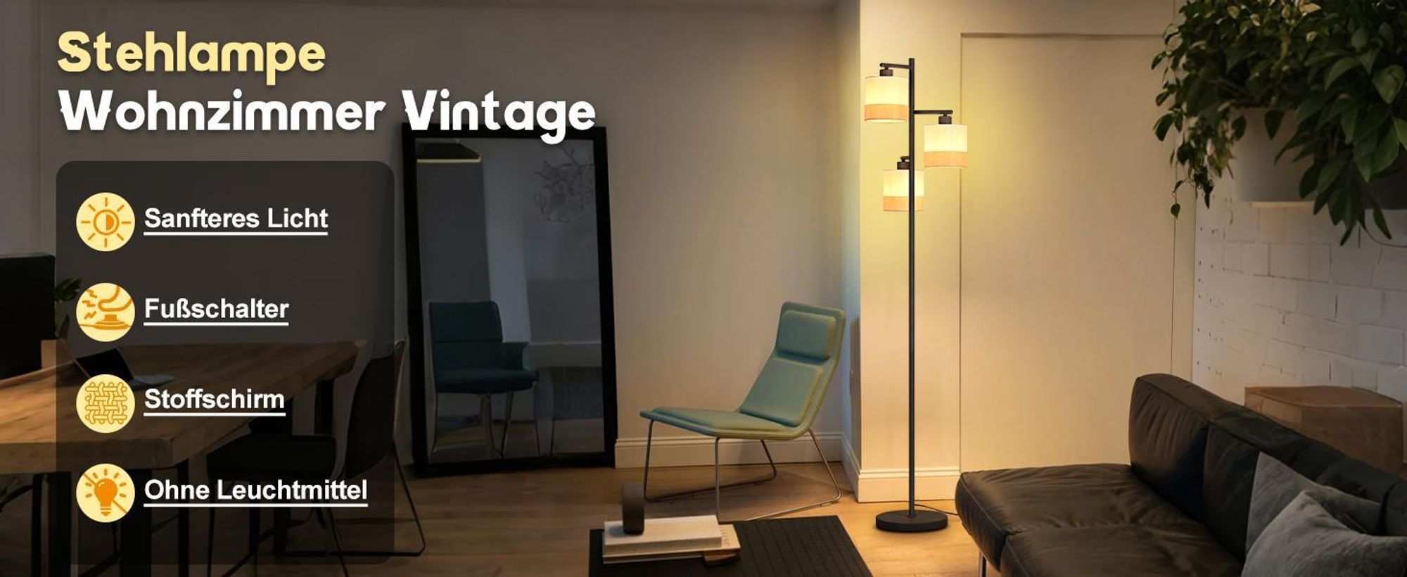 ZMH Stehlampe Wohnzimmer Stehleuchte Stoff Standlampe 3 Flammig Standleuchte Schwarz Leselampe E27 Bodenlampe mit Fußschalter für Schlafzimmer Büro