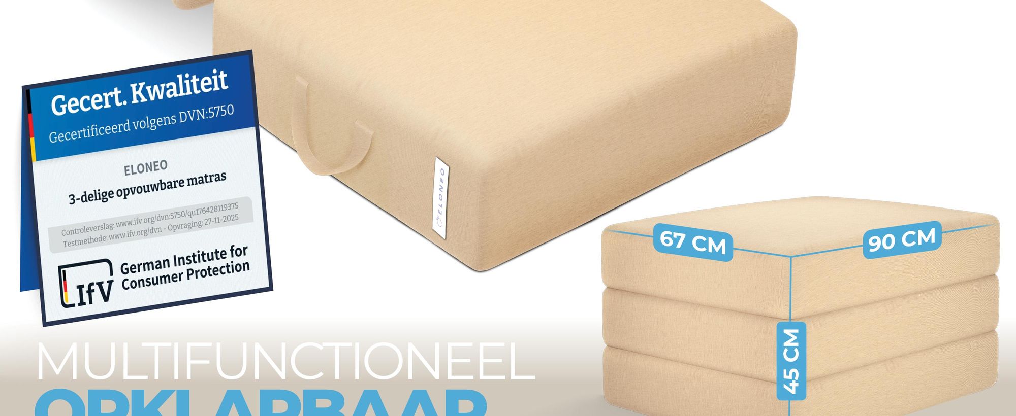 ELONEO Opklapbare matrassen, gastenmatrassen, 3-delige opvouwbare matrassen, extra dik schuim (15 cm), geschikt voor mensen met rugproblemen, opvouwbaar, (crèmekleur)