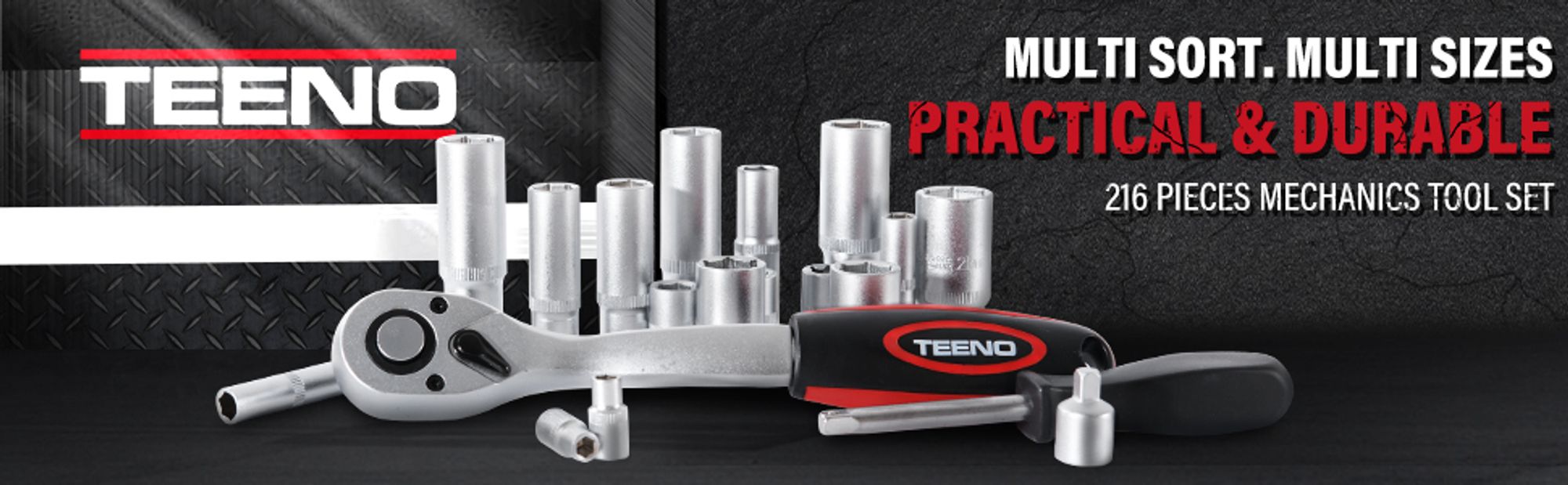 TEENO Steckschlüsselsatz 216 tlg, Ratschenkoffer Werkzeugkoffer 1/4", 3/8", 1/2" Zoll, Cr-V Steckschlüssel-Satz mit Ratschenschlüssel, Werkzeug-Set, Ratschenkasten für Arbeiten an Fahrrädern und Autos