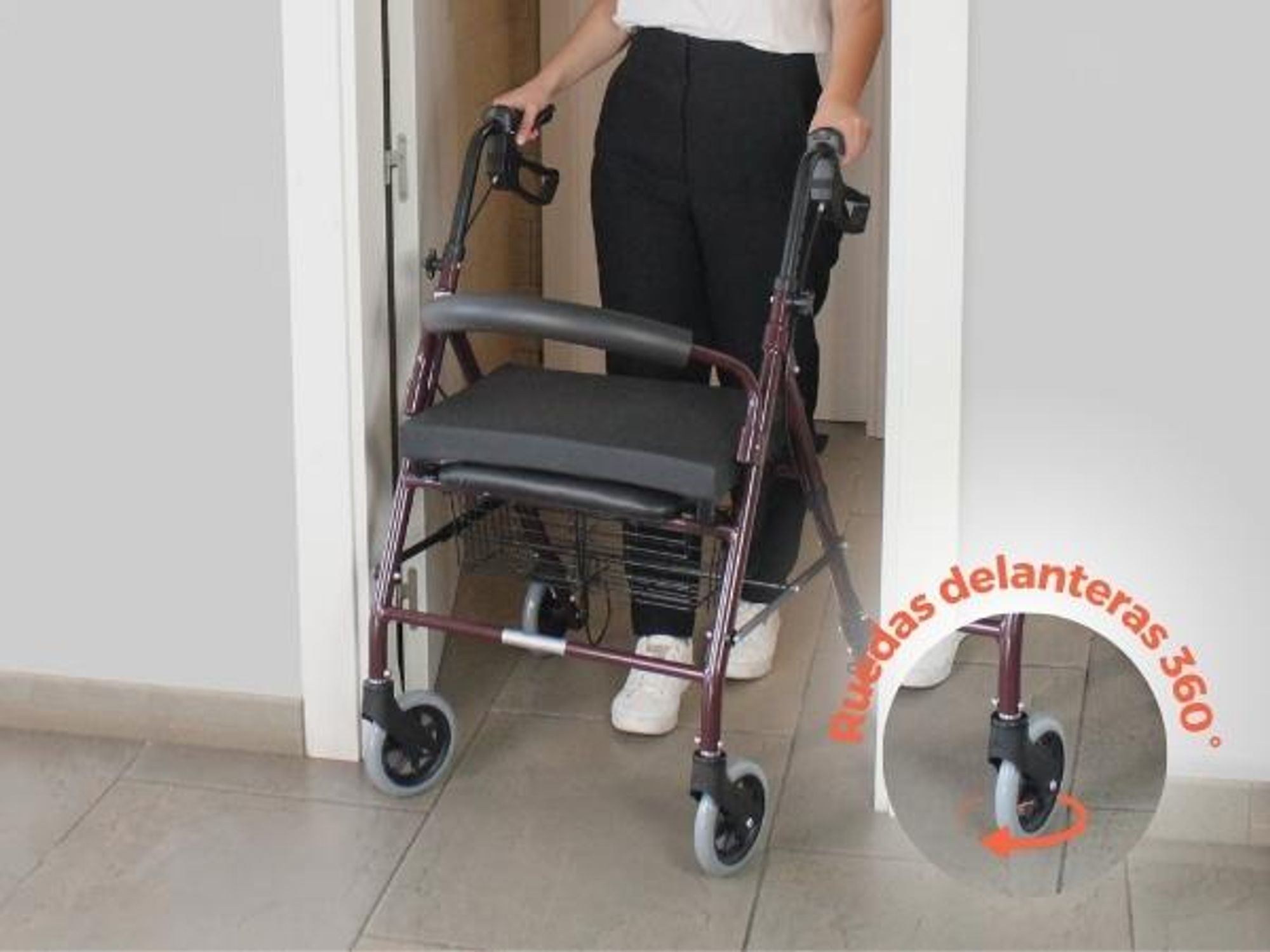 Rollator Faltbar Handbremsen 4 Räder Sitz und Rückenlehne Bordeaux TURIA Clinicalfy Faltbarer Gehwagen