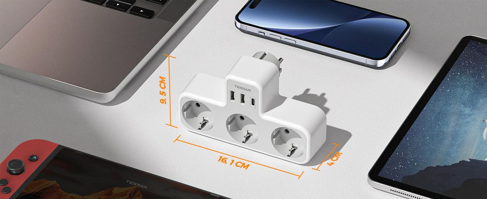 TESSAN Mehrfachstecker mit USB für Steckdose 3 Fach Steckdosenadapter mit 2 USB A und 1 USB C 3600W Mehrfachsteckdose Ladegerät Grau