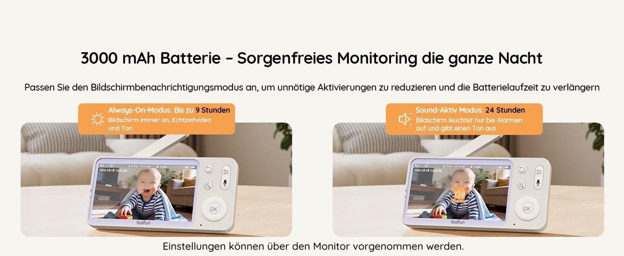 5 Zoll Babyphone mit Kamera 2K Babyfon Video PTZ 355° Bewegungs und Geräuscherkennung Temperatur Luftfeuchtigkeit mobiles Tracking
