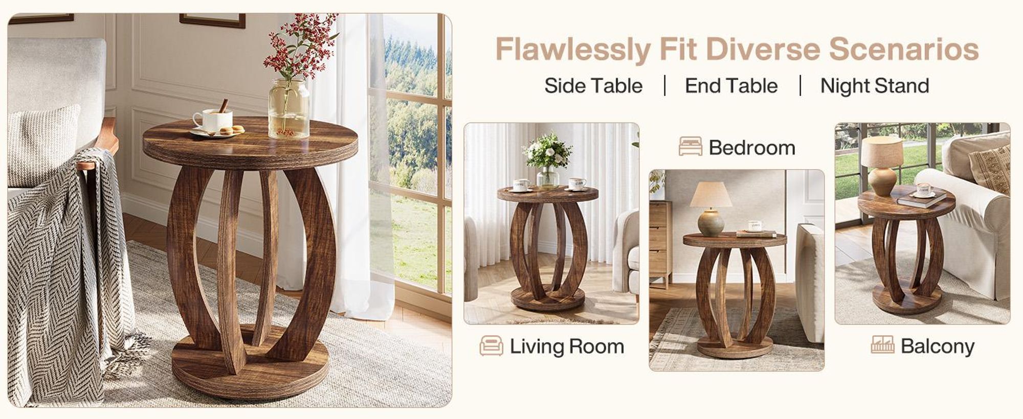 Tribesigns Runder Beistelltisch, Nachttisch fürs Schlafzimmer, Couchtisch im Landhausstil mit Holzgestell, Sofatisch aus Holz fürs Schlafzimmer
