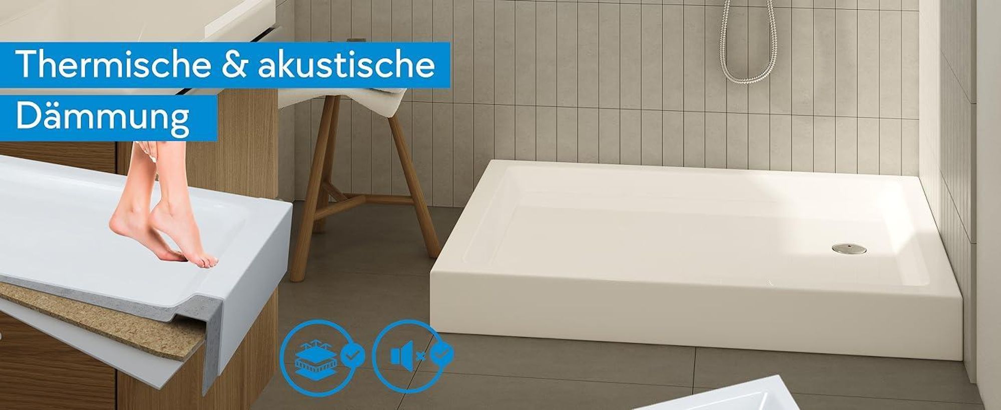 AQUABAD® Duschwanne Komplettset NORMA Maße: 90x100cm rechteckig 5x Standfüße + Viega Domoplex Ablaufgarnitur