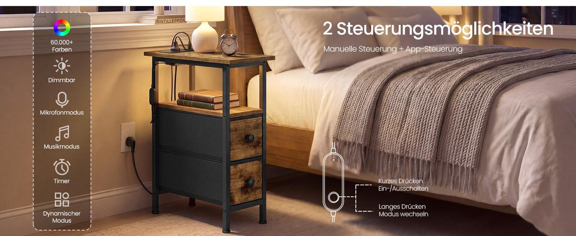 SONGMICS BELLAH Kollektion - Beistelltisch, Nachttisch mit Steckdosenleiste, Sofatisch mit LED-Beleuchtung, 2 Schubladen, Nachtschrank, Wohnzimmer