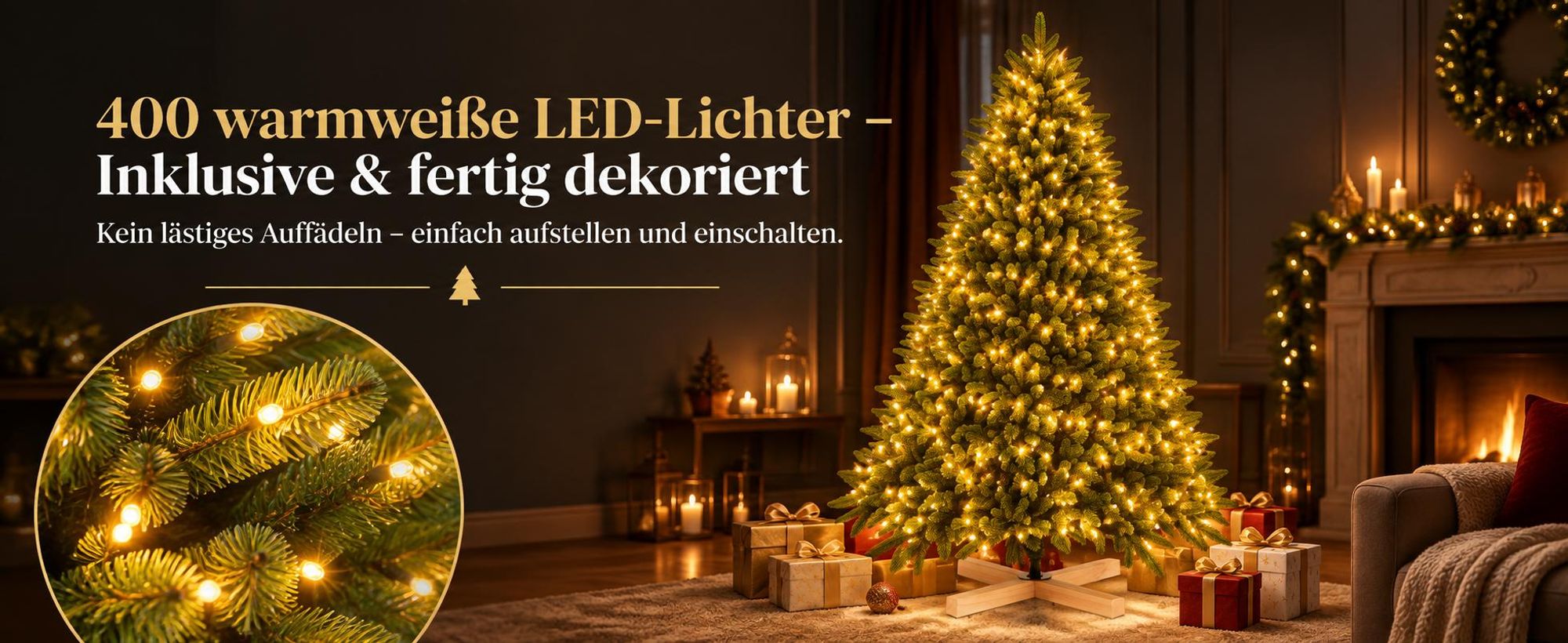 Künstlicher Weihnachtsbaum mit LED Lichterkette und Holzfuß 180 cm, realistischer PE PVC Christbaum, festliche Weihnachtsdekoration für Zuhause
