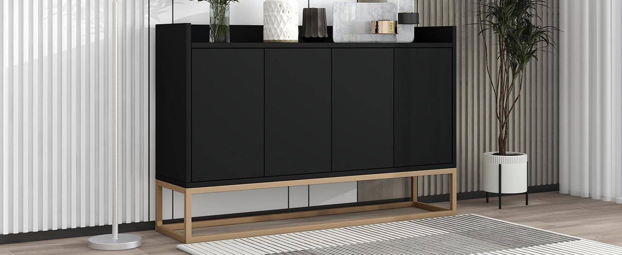 INONEFT Sideboard 4 Türen mit Regalen, 120x30x80cm, Moderne Kommode, Küchenschrank, Sideboard Wohnzimmer, für Esszimmer, Wohnzimmer, Küche, Schwarz