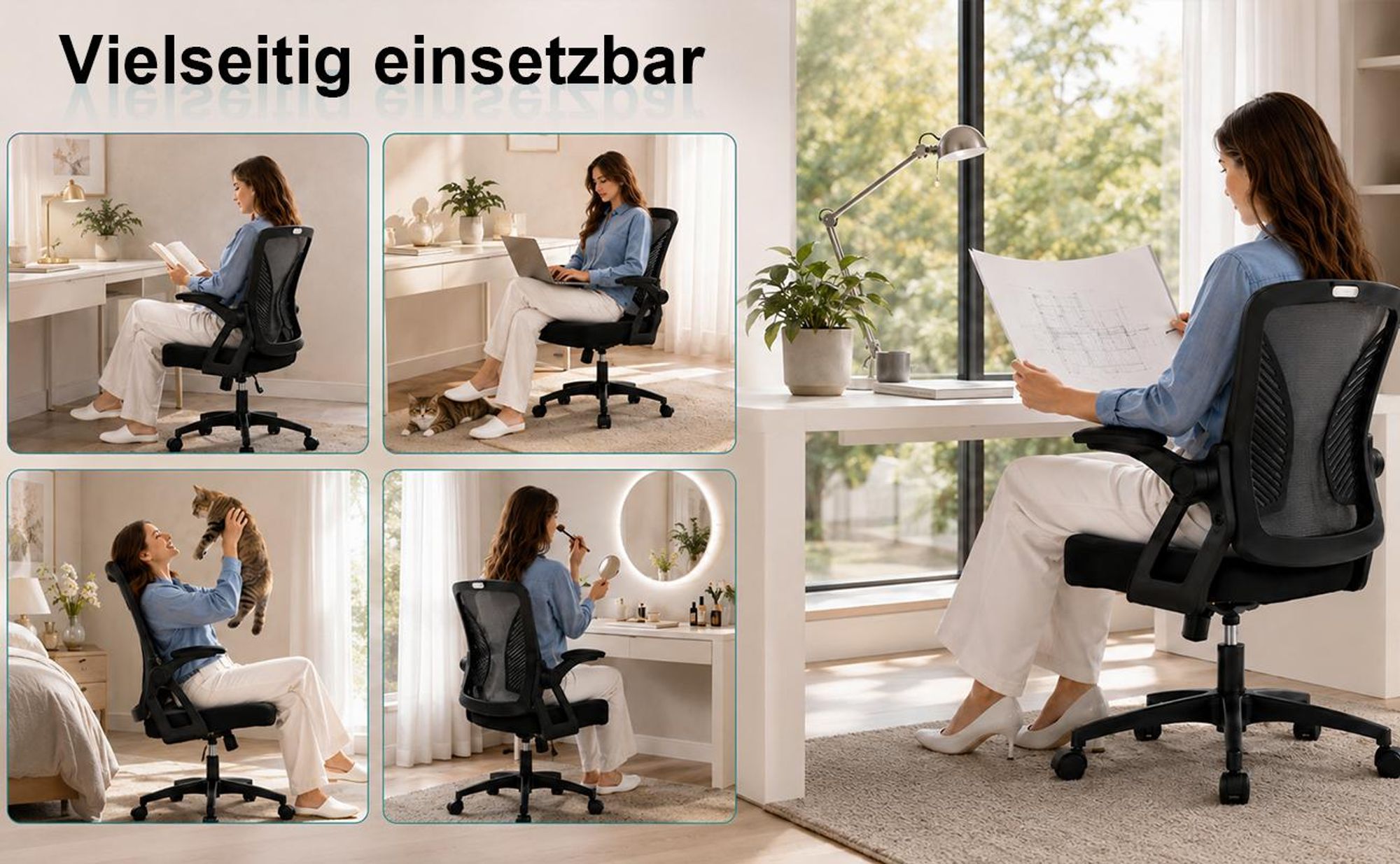 Bürostuhl ergonomisch mit Mesh-Rückenlehne, 90° klappbare Armlehnen, höhenverstellbar, Computerstuhl für Home Office und Büro, bis 150 kg