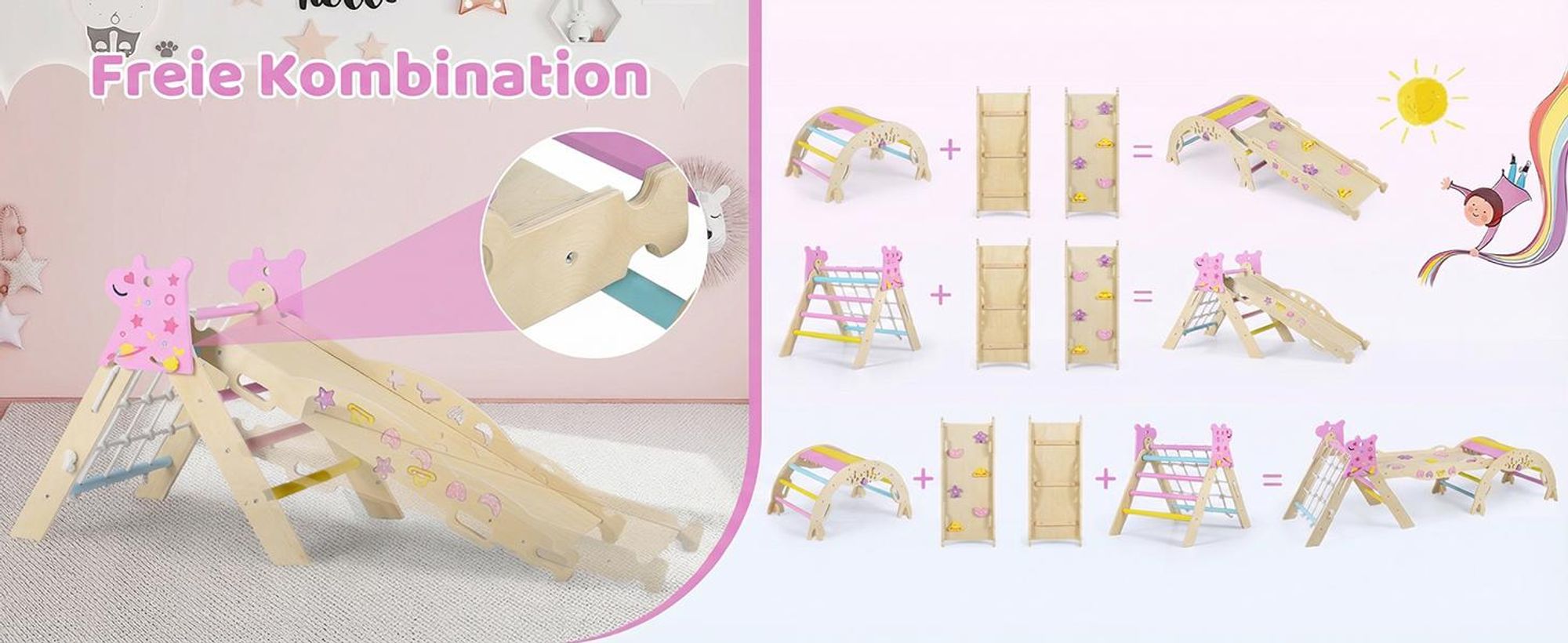 COSTWAY Dreieck-Kletterset, faltbares Dschungelturngerät mit Bogen, Rampe, Kletterer, Blöcken&Labyrinthspiel, Holz-Spielzeug, Montessori-Spielzeug