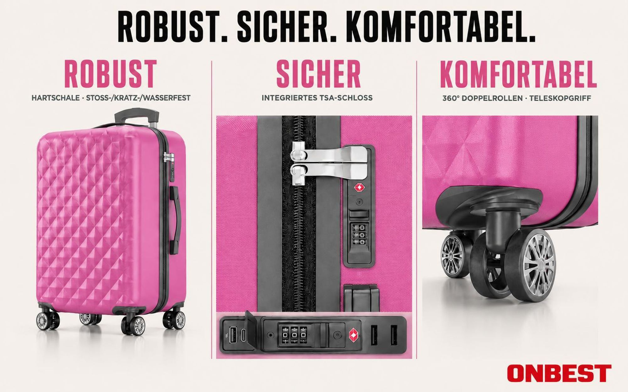 ONBEST Hartschalen Koffer Set | 4-teilig Pink | mit TSA-Schloss | USB-Anschluss | viel Zubehör | 360° Doppelrollen