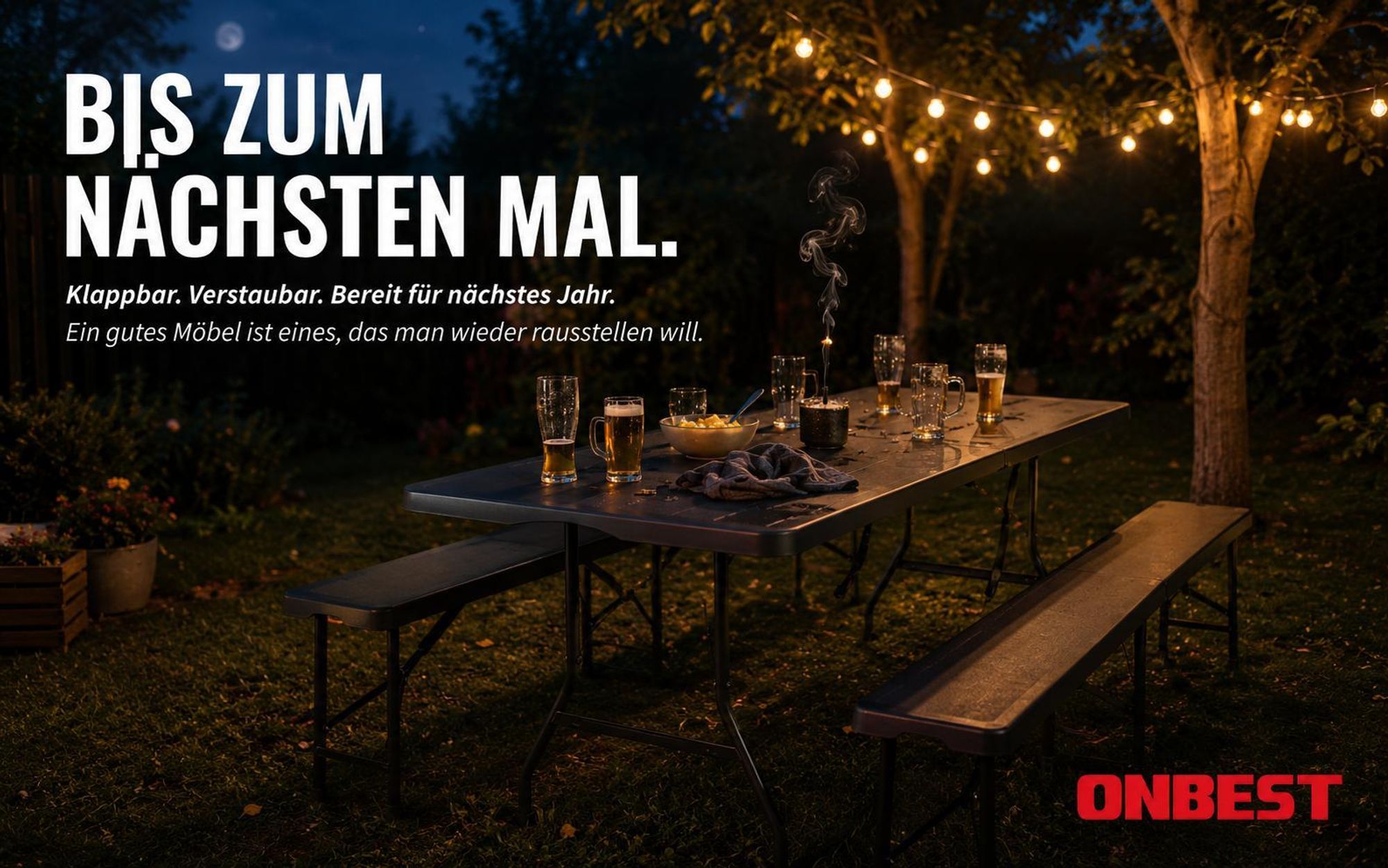 ONBEST Bierzeltgarnitur Woody | klappbar | 300kg | mit Tragegriff | Holzoptik | Wetterfest | Kunststoff