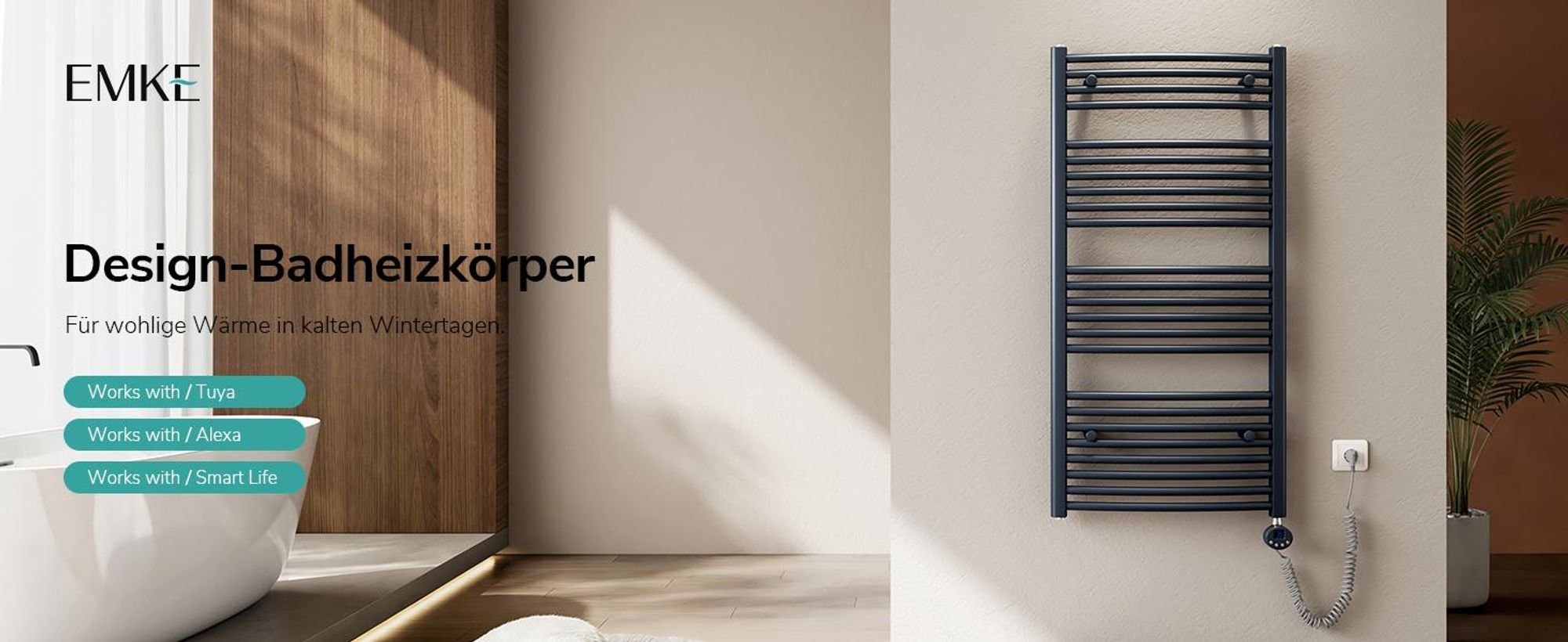 EMKE Badheizkörper Elektrisch gebogen Handtuchheizkörper 500W Wifi Steurung Intelligent Thermostat 120X40cm Anthrazit Handtuchwärmer
