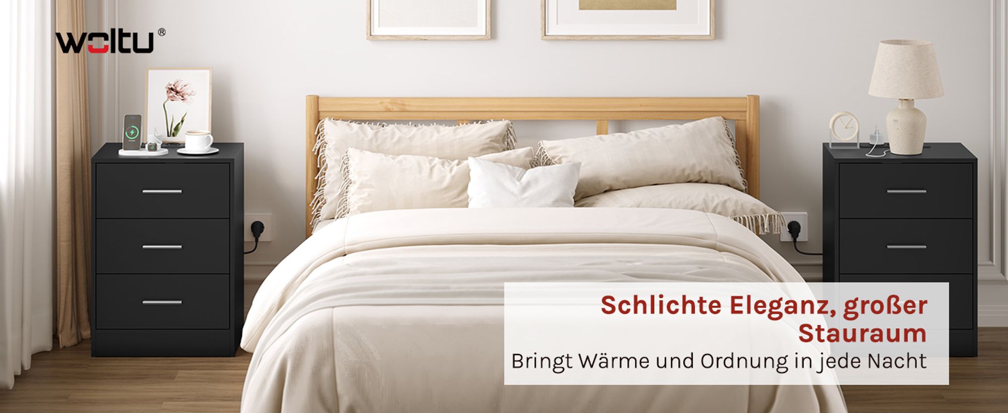 WOLTU Nachttisch, Beistelltisch mit Ladefunktion, Steckdose, 3 Schubladen, Modern, Schwarz