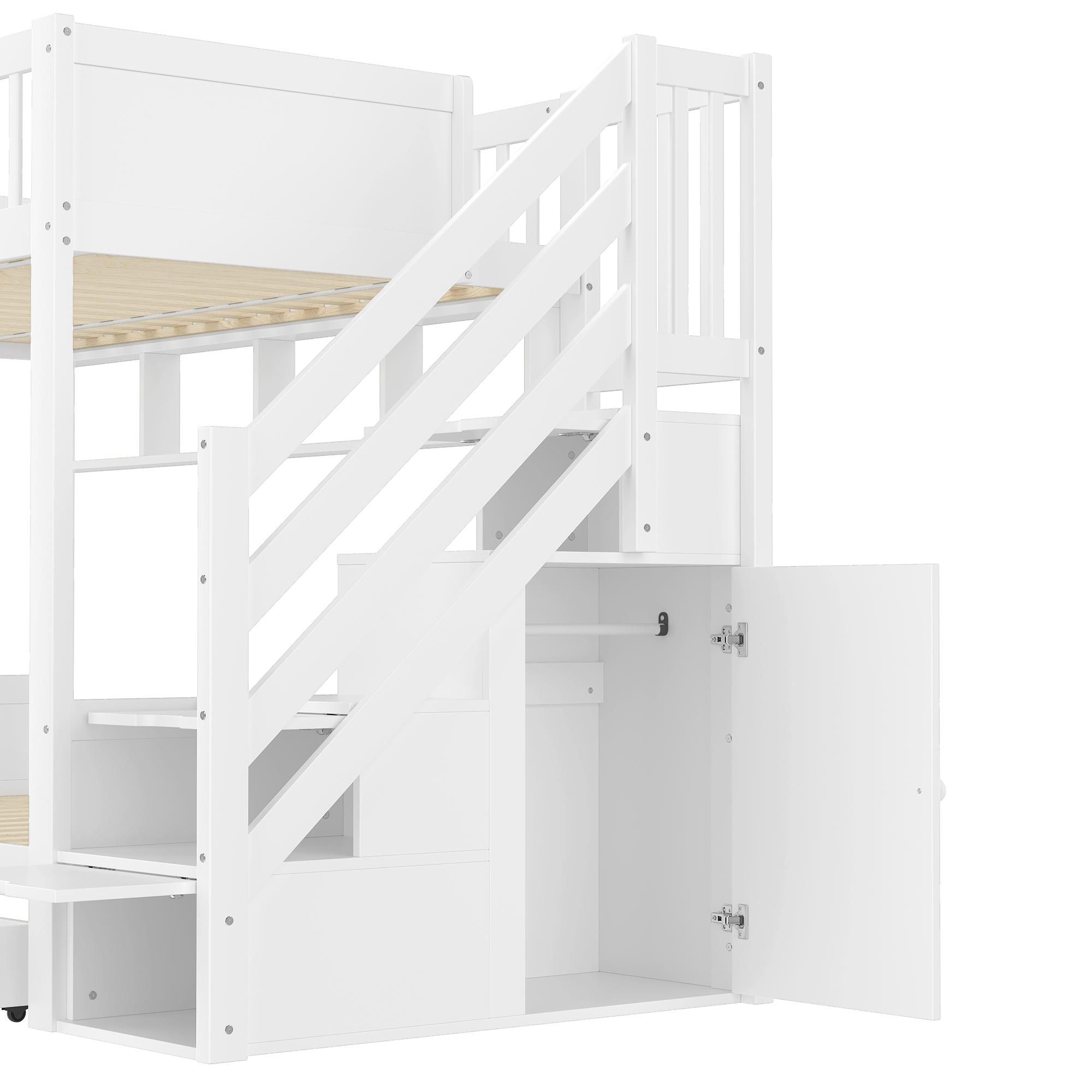 Merax Etagenbett 90x200cm, Kinderbett mit 2 Schubladen, Lagerleiter, Regal und Kleiderschrank, Massivholz, Stockbett, Jugendbett, Weiß