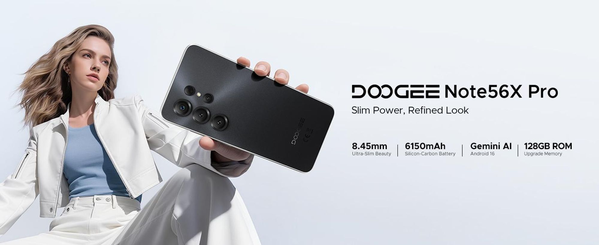 DOOGEE Note56X Pro – Chytrý telefon, Android 16, 6,56" displej s obnovovací frekvencí 90 Hz, baterie 6150 mAh, 32 GB + 128 GB, 4G, 13 MP, NFC, čtečka otisků prstů, podpora OTG, bez smlouvy