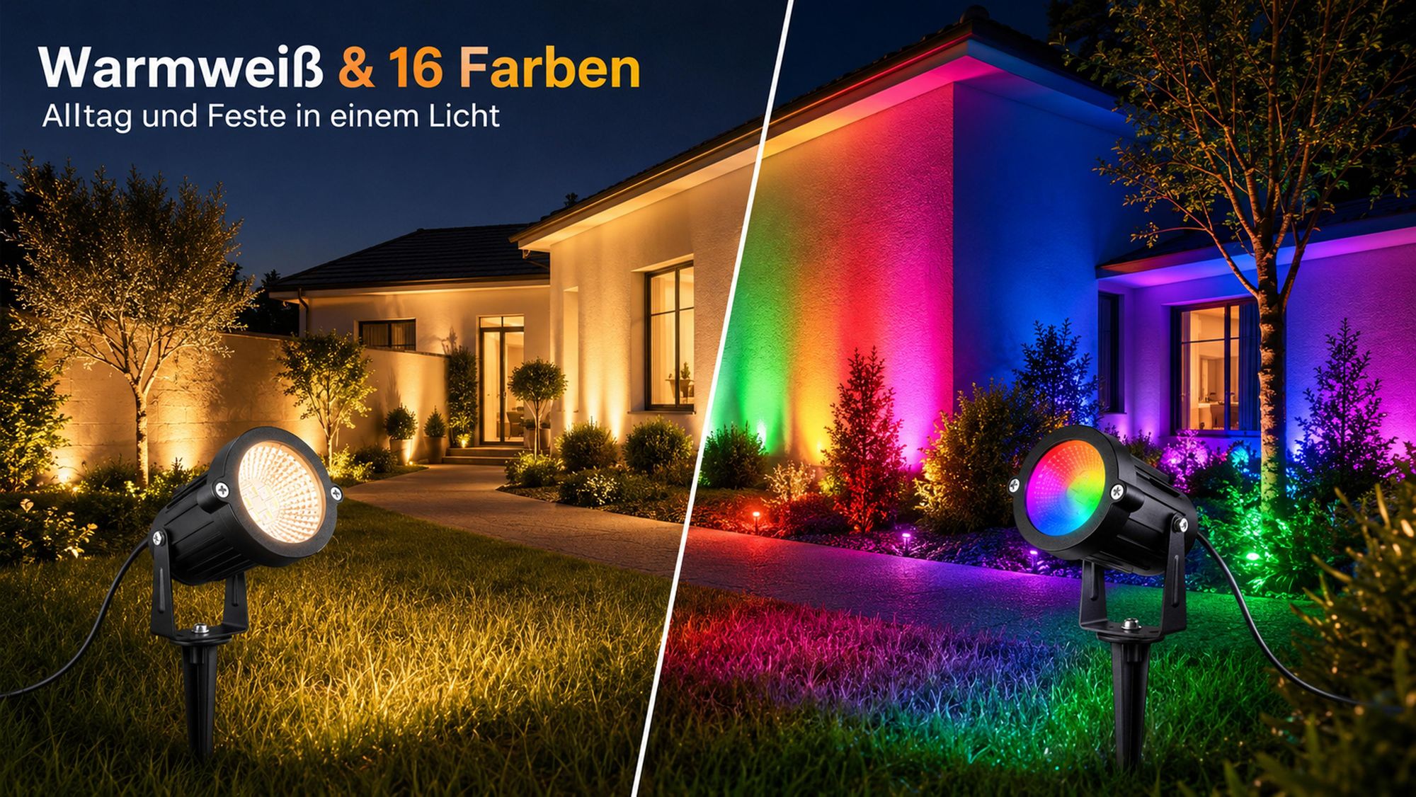 12V LED Gartenstrahler Gartenleuchte RGB, 6W, 16 Farben + Warmweiß, Fernbedienung, Memory, 90°, Gartenbeleuchtung für Garten/Hof/Bäume(4er-Pack)