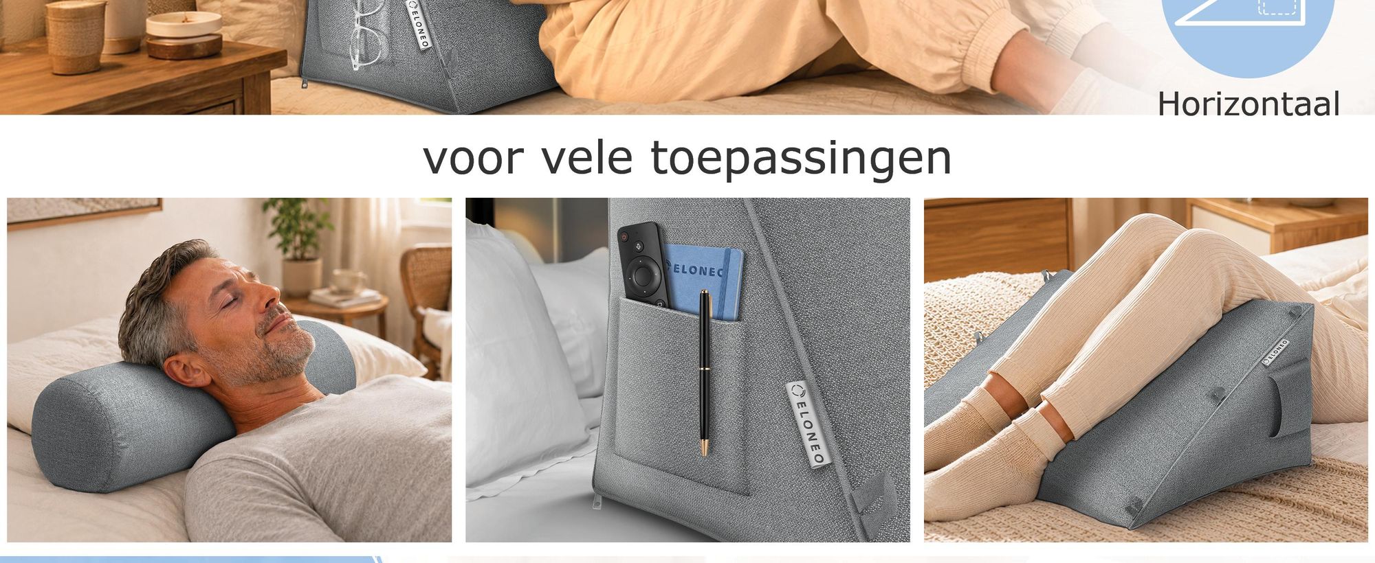 ELONEO rugkussen met afneembaar neksteun en zijvak, rugsteunkussen met wasbare hoes