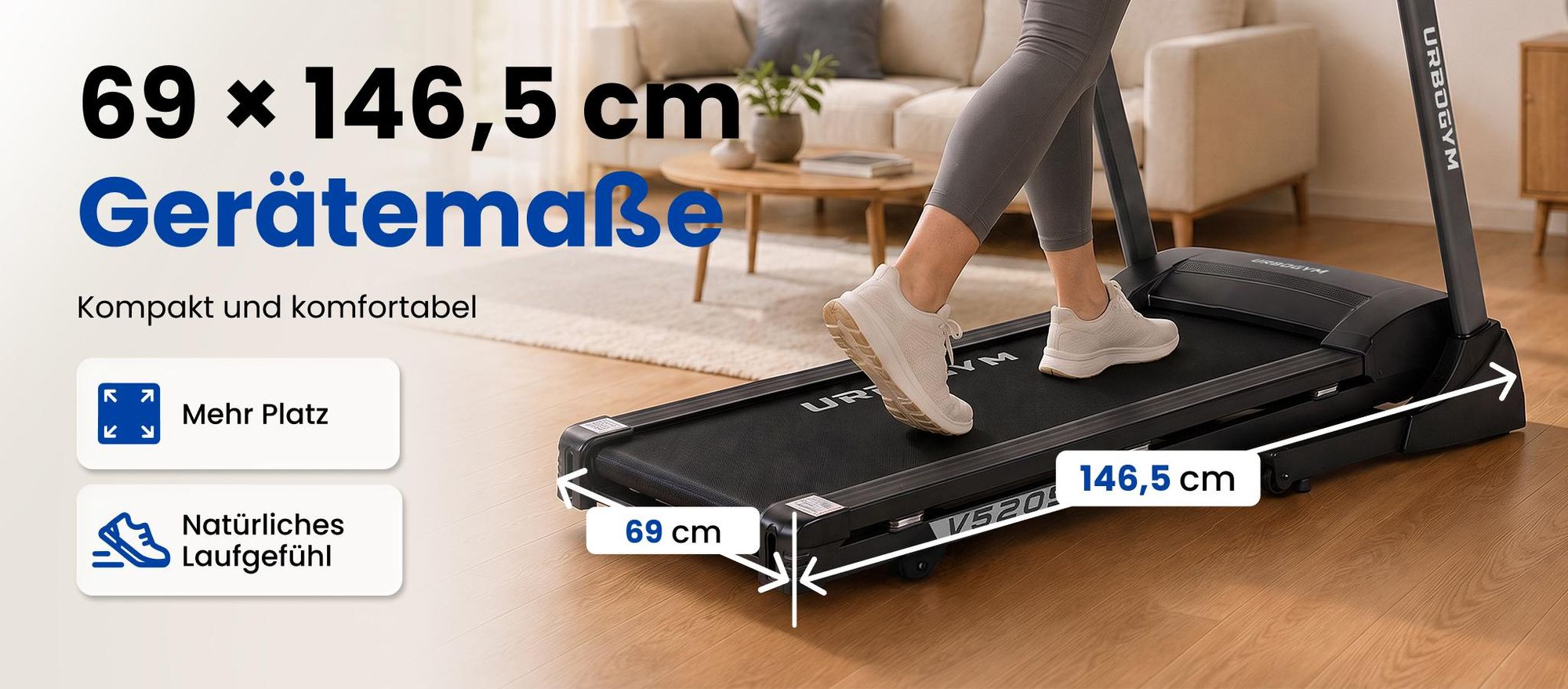 URBOGYM V520S Elektrisches Laufband, 15 km/h, 15-stufige Auto-Steigung, 12 Programme, klappbar, Bluetooth, bis 130 kg