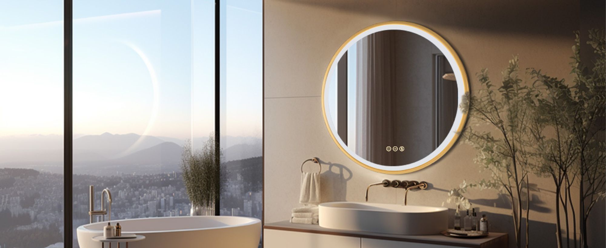 WISFOR LED Badspiegel mit goldenem Aluminiumrahmen 80x80cm, rund Wandspiegel mit Touch Schalter, Anti-Fog dimmbar 3 Lichtfarben, IP44 Energiesparend