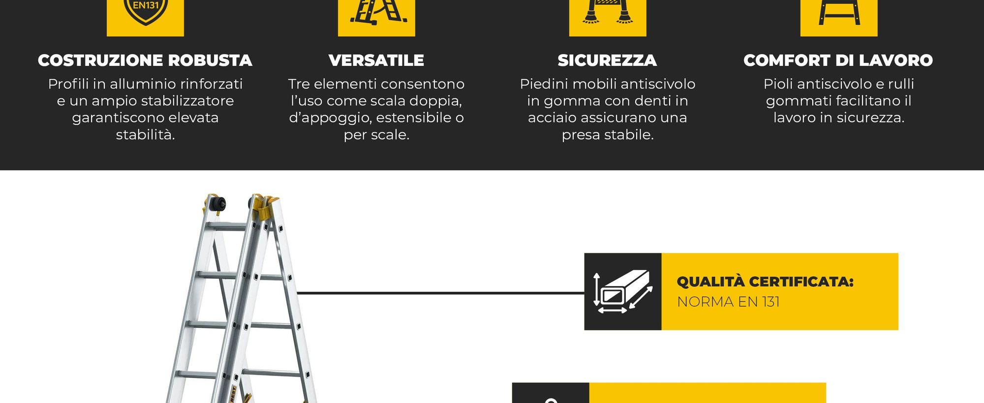 DRABEST | Scala multifunzione in alluminio PRO MAX 3x11 gradini, scala a 3 sezioni, altezza di lavoro 8,34 m, portata 150 kg, ruote e piedini mu
