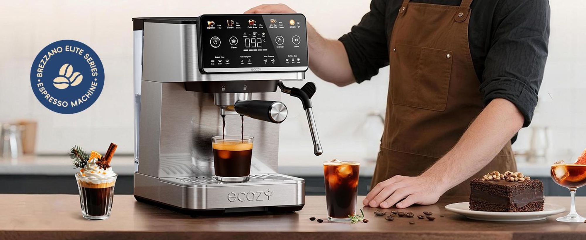 ecozy Espressomaschine mit Milchaufschäumer, 4-in-1 Siebträgermaschine für Espresso, Cold Brew, Over Ice, Kaffee, Latte, Touchscreen, Selbstreinigung