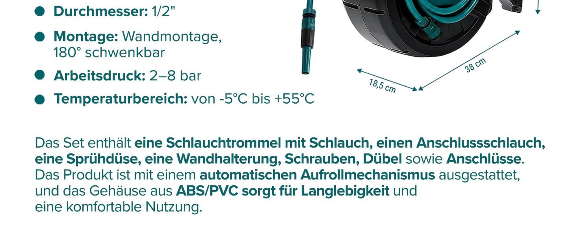 Sillar Automatischer Gartenschlauch 30 m auf Trommel mit Aufroller Wandhalterung