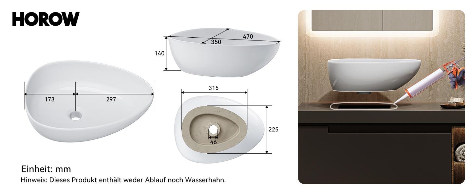 HOROW Oval Aufsatzwaschbecken, 47 x 35 cm Modern Waschbecken mit dünne Rand, Weiß Elegant Waschschale für kleine Badezimmer und Gäste WC