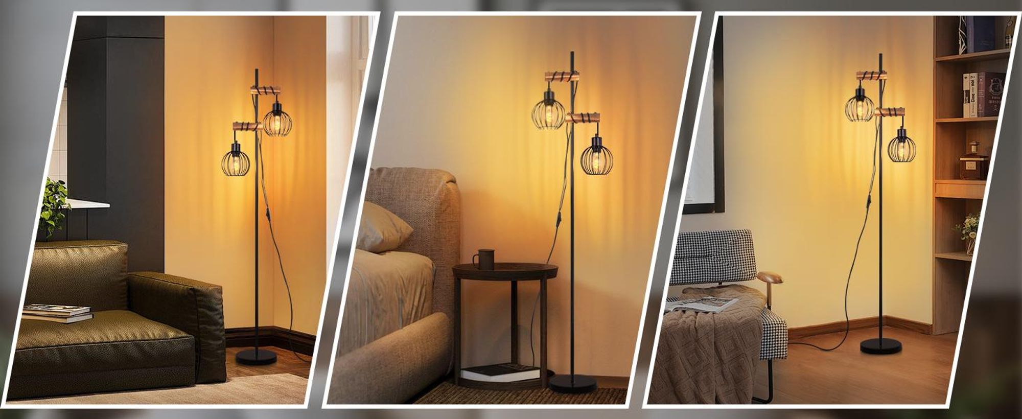 ZMH Stehleuchte Wohnzimmer Stehlampe Schwarz Holz Standleuchte Metall Industrial E27 Vintage Standlampe 2 flammig mit Käfig Lampenschirm Retro 152cm