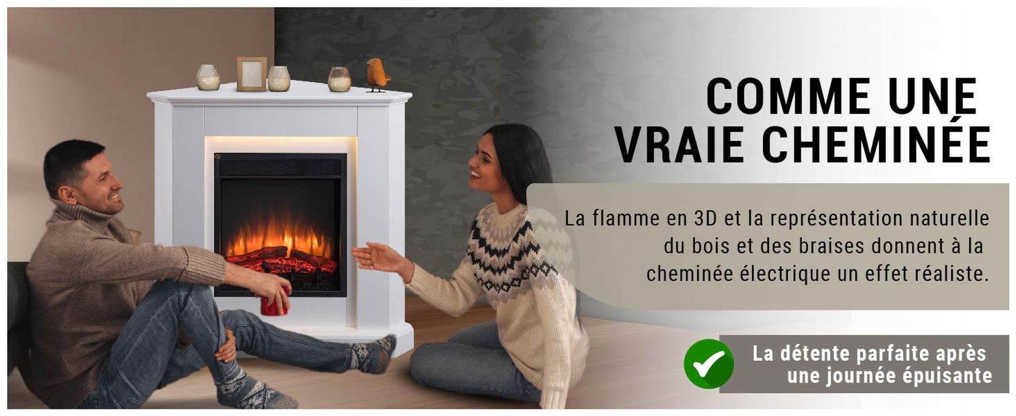 BALDERIA Candela - Cheminée d'angle, chauffage 2000 W - Blanc