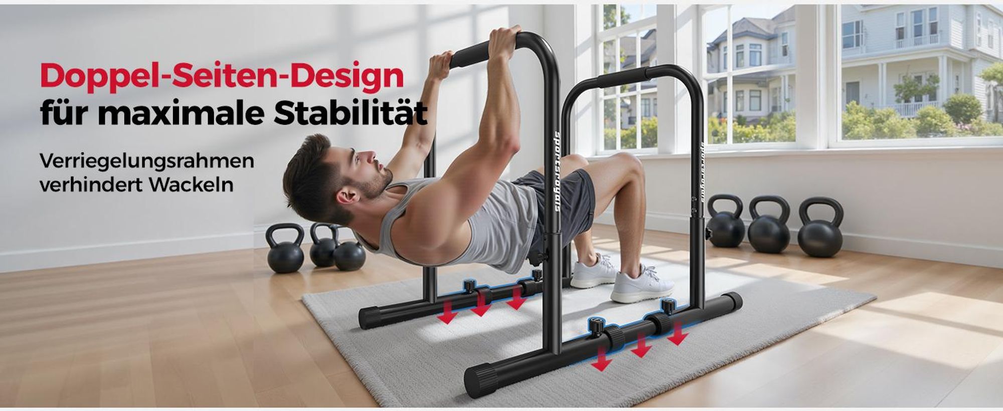 SPORTSROYALS Handstandtrainer Dip Barren mit 400kg Belastbarkeit, höhenverstellbar von 81 bis 96cm, doppelte Sicherung, stabiler Kraftsport Barren