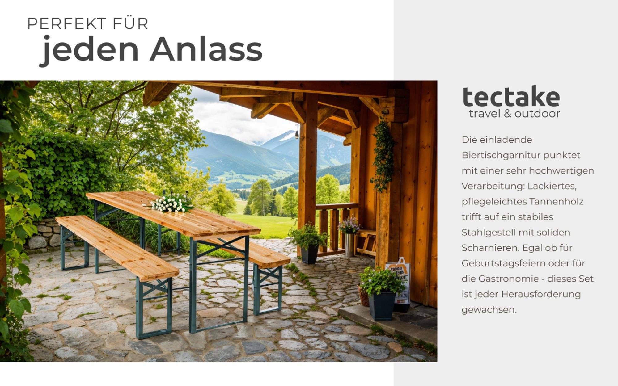 tectake Bierzeltgarnitur 3-teilig Klappbar Tannenholz für 8 Personen