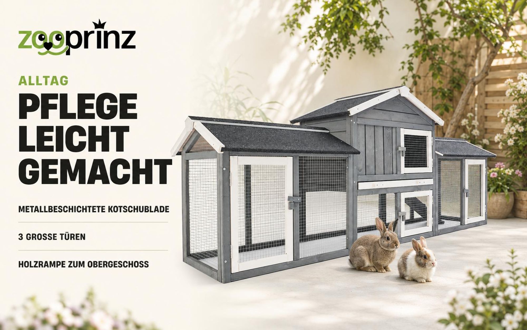 zooprinz Hasenstall Don Camillo | XXL mit Doppelauslauf | 210x85,5x54cm (BxHxT) | Wetterfest | Kiefernholz