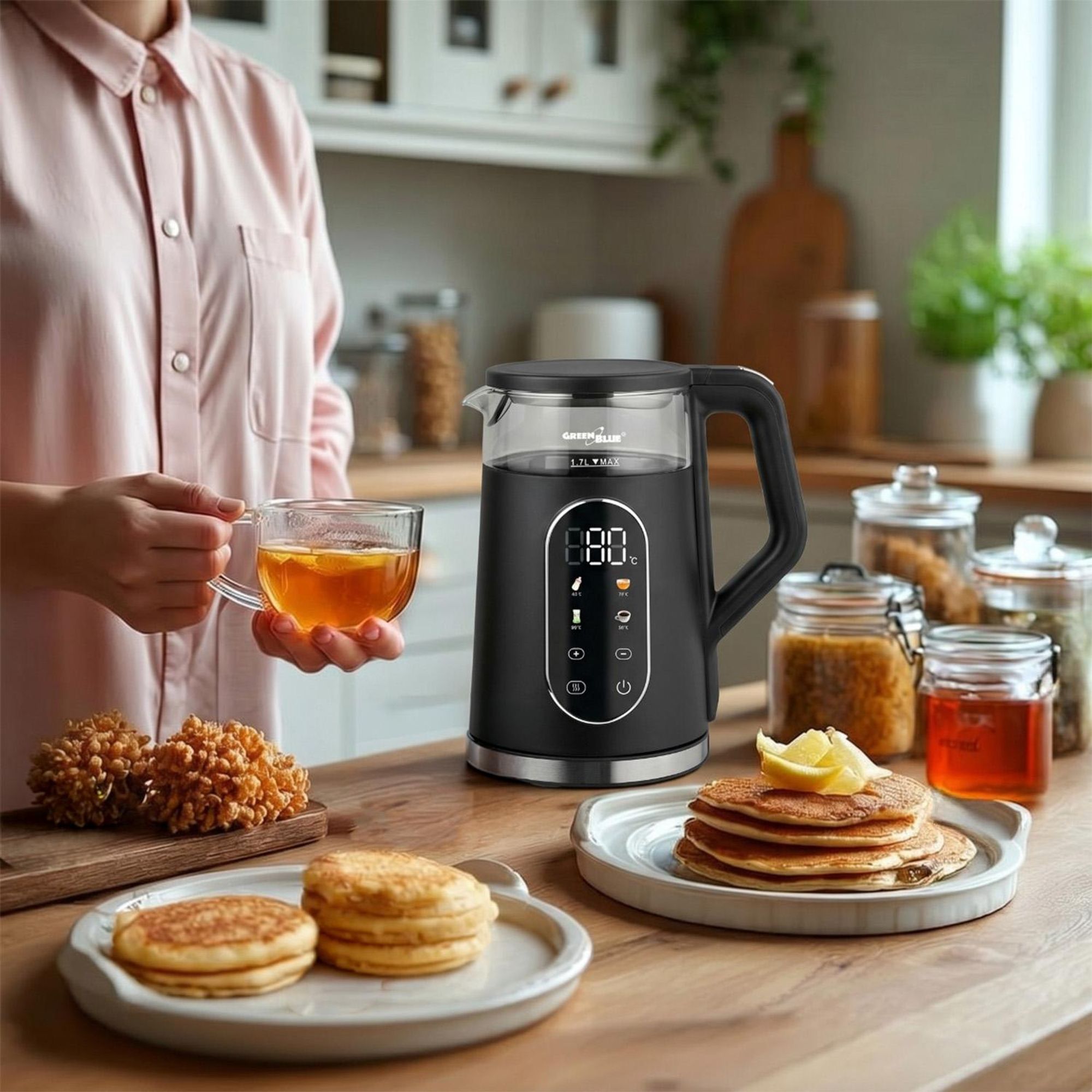 GreenBlue kabelloser Wasserkocher 1,7 l Fassungsvermögen Glasbehälter gut ablesbares Display Temperaturwahl 2200 W GB670 B
