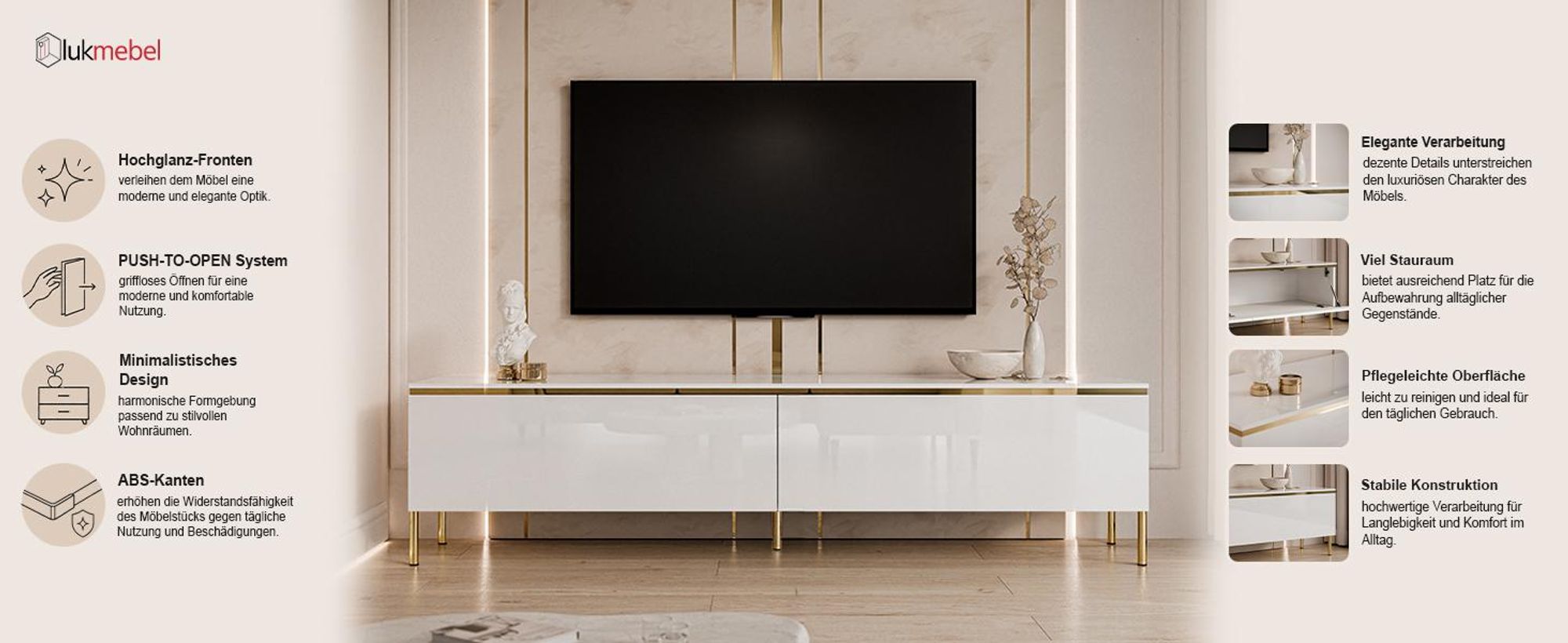 RTV Schrank AURORA auf Beinen Weiß / Weiß hochglanz, gerade gold Chrom Beine