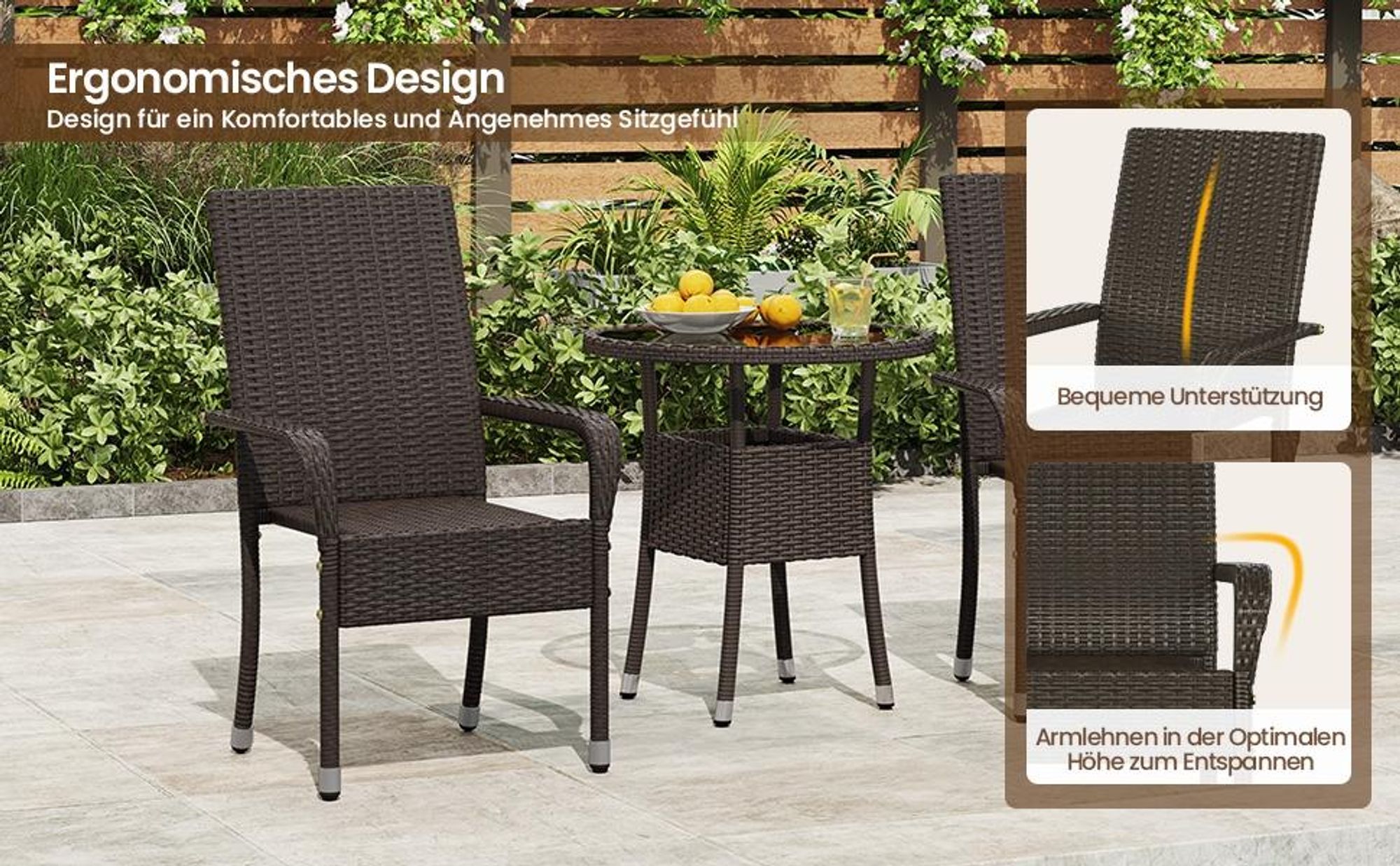 Yaheetech 2er Set Gartenstuhl aus Polyrattan, stapelbare Rattan-Stühle, mit Armlehnen & Rückenlehne, verstellbare Schutzfüße, Braun