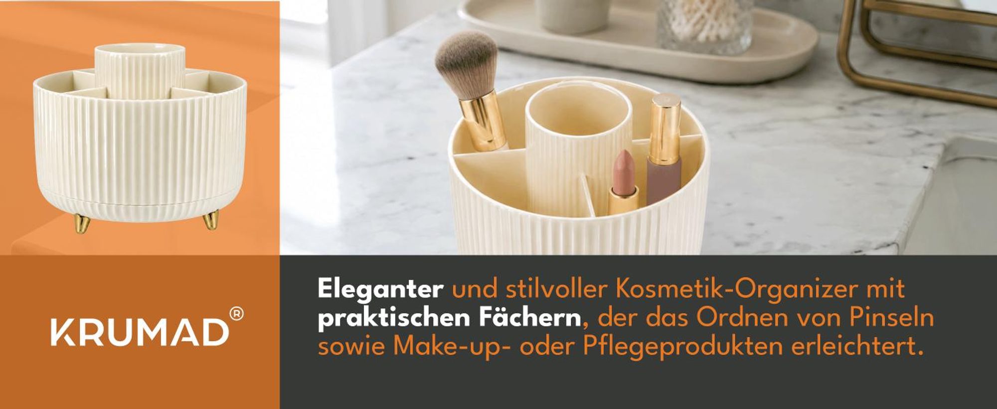 KRUMAD Kosmetik Organizer drehbar 360°, Make-up Organizer mit 5 Fächern, Parfümhalter, Pinselhalter, Kosmetikbox für Bad, Schminktisch und Büro