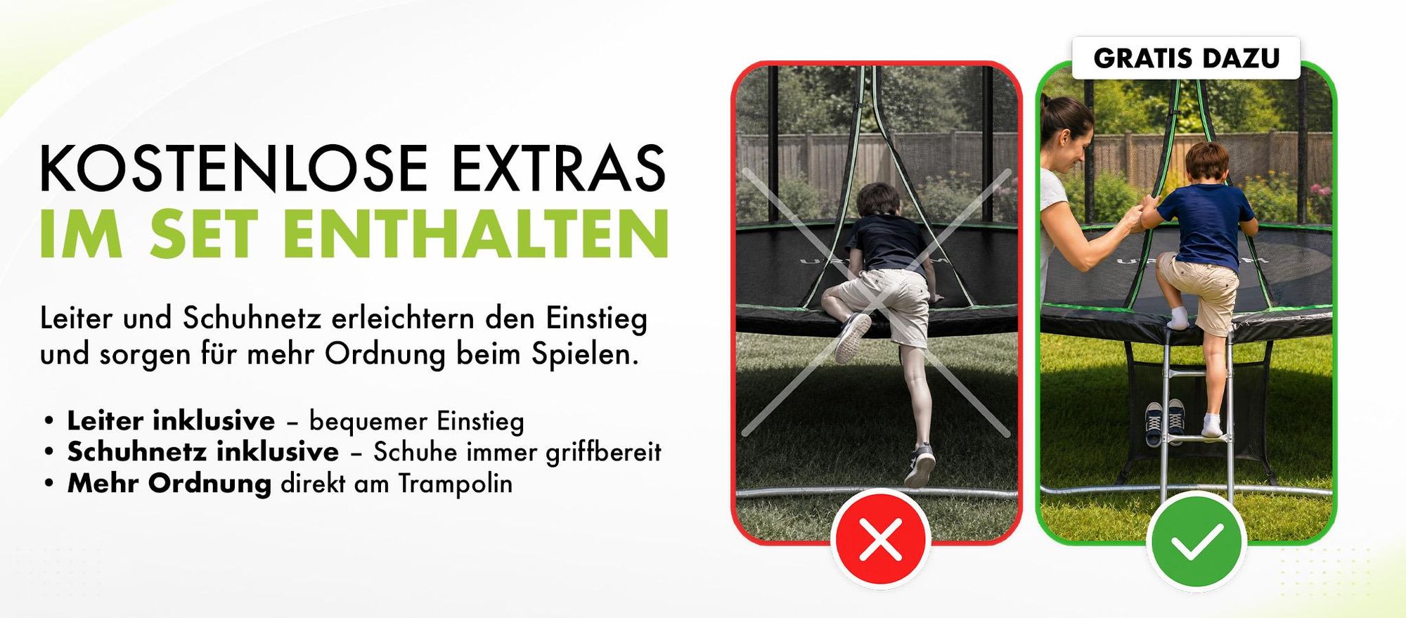 URBOGYM Trampolin JUMPER 14FT Gartentrampolin für Kinder Komplett-Set mit Sicherheitsnetz, Leiter, Randabdeckung, Outdoor, Grün, robust, Ø 435 cm