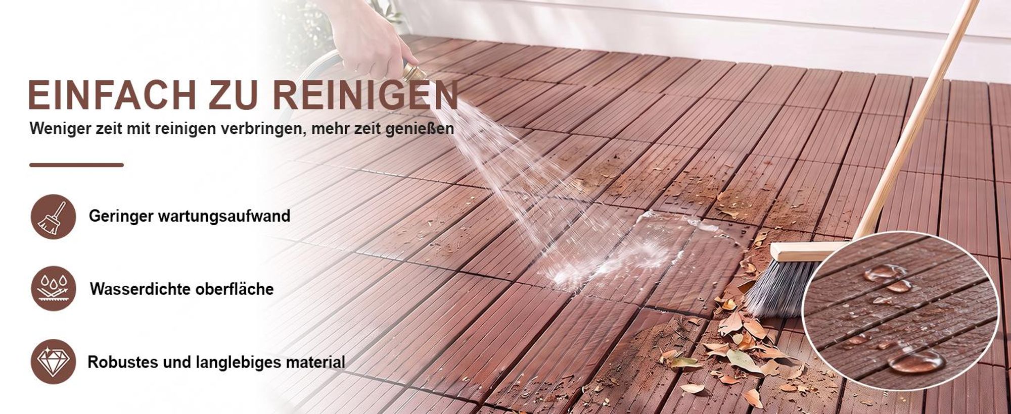 11 Stück Terrassenfliesen Stecksystem Klickfliesen Dielen für Terrasse Garten Balkon Pool[Braun - Gerade Streifen]