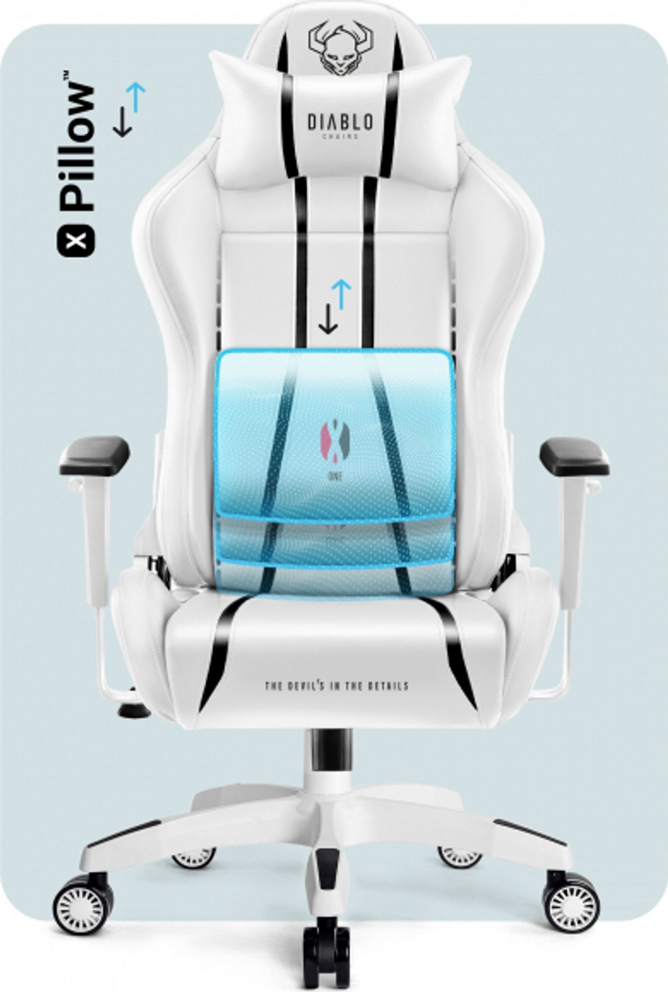 Diablo X-One 2.0 Gaming Stuhl Bürostuhl Schreibtischstuhl Verstellbare Armlehnen Ergonomisches Design Nacken/-Lendenkissen Farbe: Weiß, Größe Normal