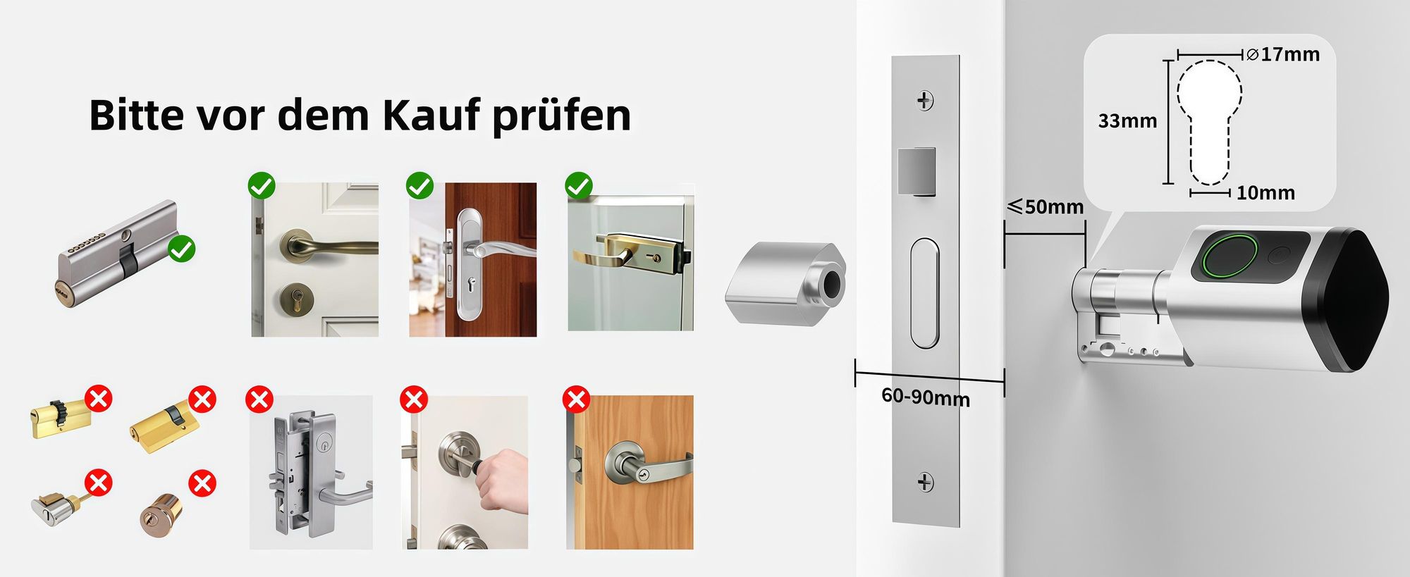 Elektronisches Türschloss mit Fingerabdruck, Schließzylinder verstellbar 60-90mm, Öffnen per PIN-Code, RFID-Karte, Notschlüssel & Tuya App