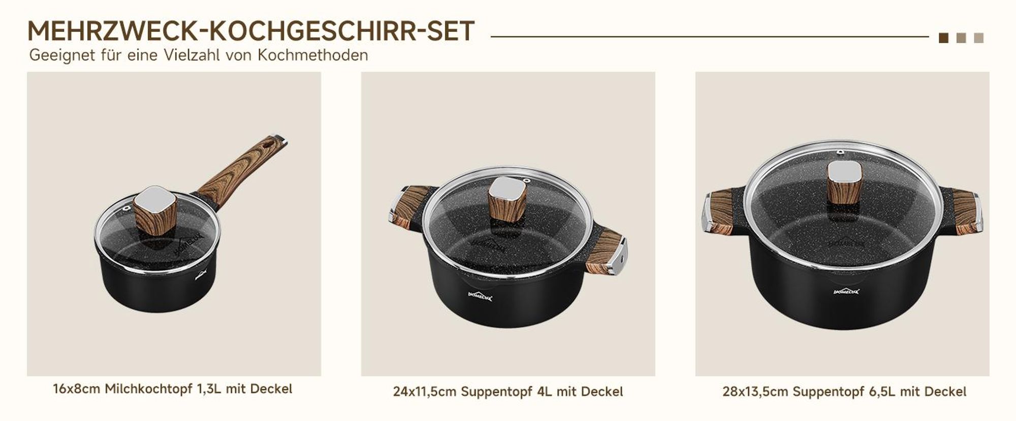 8-TLG Topfset Induktion mit Antihaftbeschichtung,Pfanne 24/28cm,Milchtopf 16cm,Kochtopf 24/28cm, für alle Herdarten,Holzmaserung