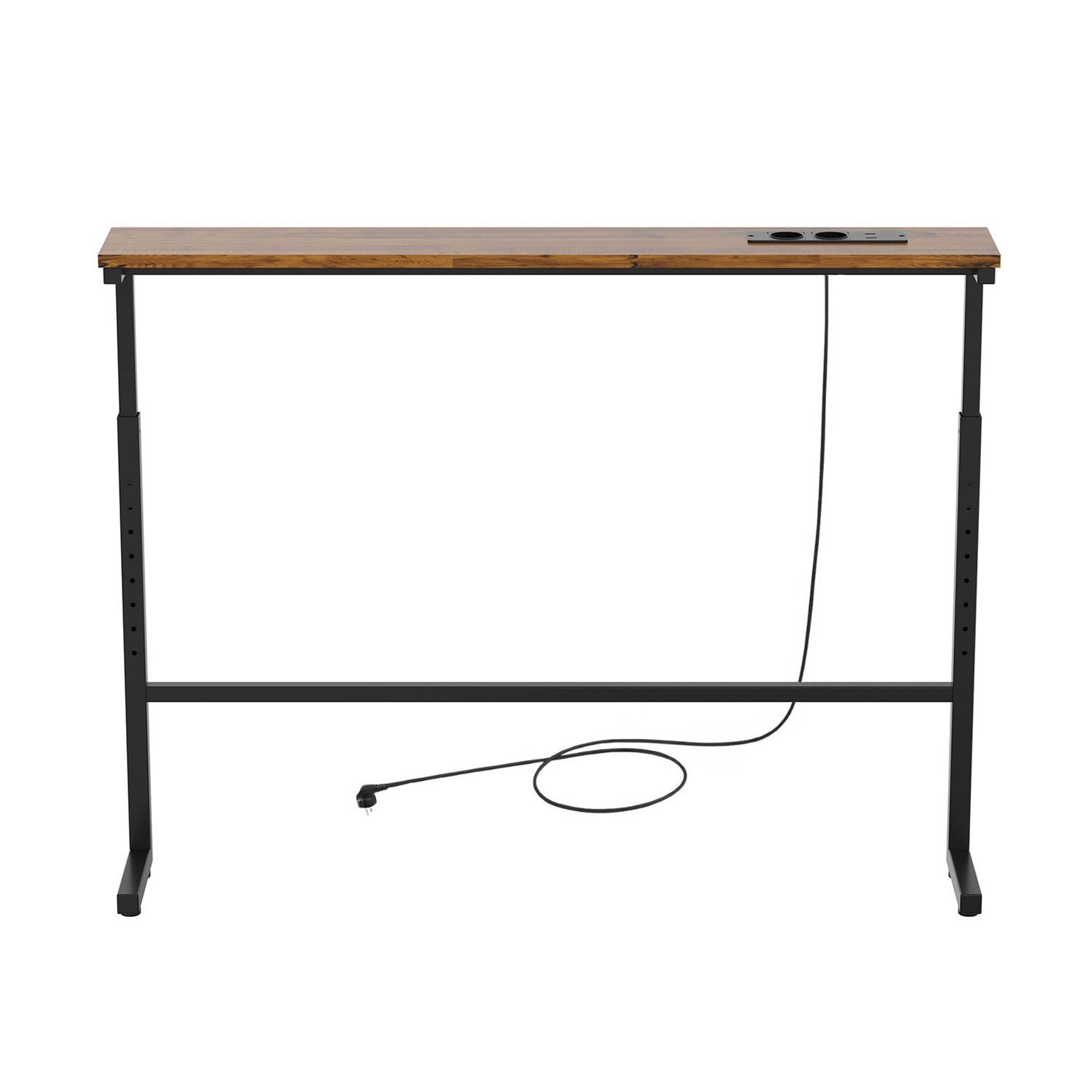 Konsole / Beistelltisch mit Ladeanschluss „Maclean“ schwarz mit rustikaler Tischplatte höhenverstellbar von 62 bis 83 cm max. 25 kg, Kabel 2,5 m, M