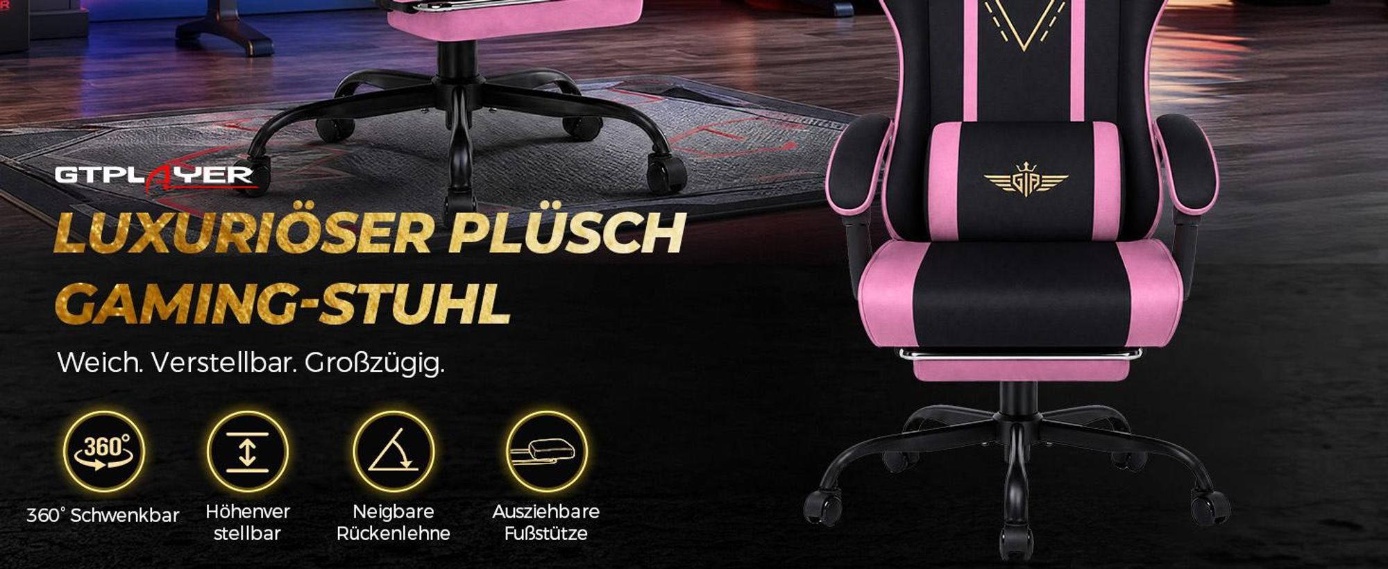 GTPLAYER Gaming Stuhl Ergonomischer Gaming Sessel Schreibtischstuhl mit Stoffoberfläche, Federsitzkissen, Verbindungsarmlehnen und Fußstütze 150KG, ro