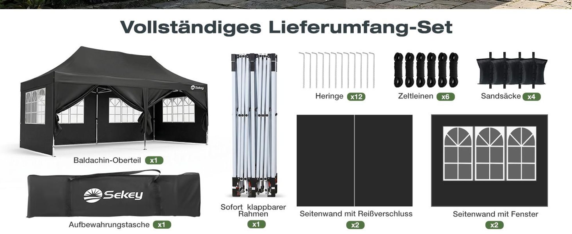 Sekey Faltpavillon 3x6 Wasserdicht mit 6 Seitenwänden, UV50+ Gartenpavillon Partyzelt, Schwarz