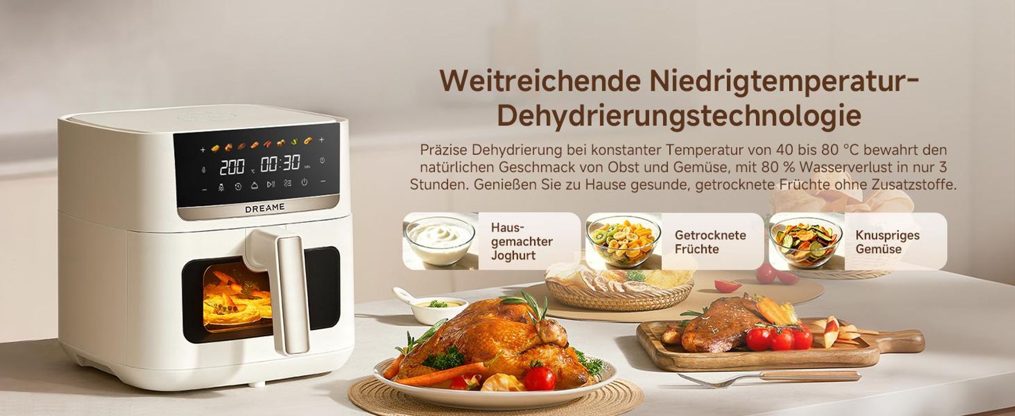 Dreame KrispNow™ AF20,6L Heißluftfritteuse,Metal-Innenraum,0-Fluorid Titanium-Keramik,Dual-Source 360° Hitze,8 Programme&Dörrfunktion,Aprikosenfarbe