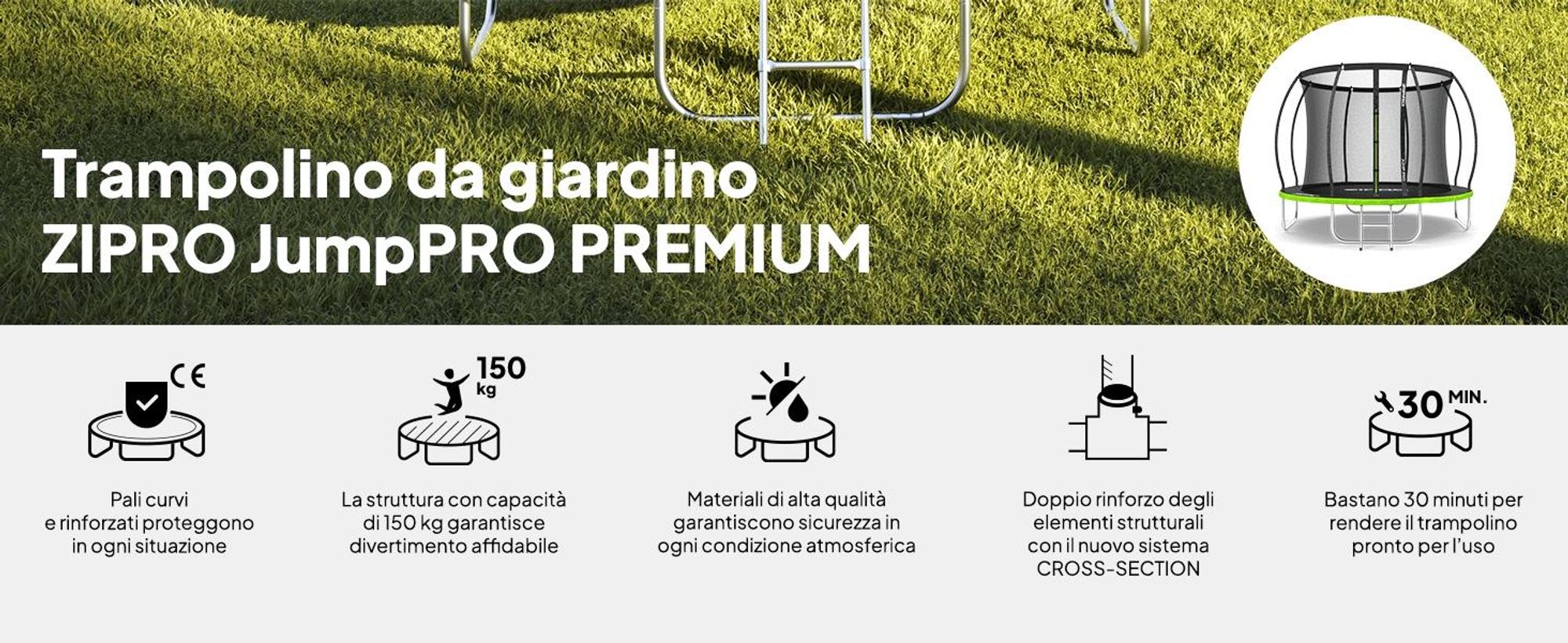 ZIPRO Trampolino Jump Pro Premium | 8FT Ø 252 cm | Trampolino da giardino Trampolino per bambini Set completo incl. rete, scaletta e copertura perimetrale, da esterno, verde