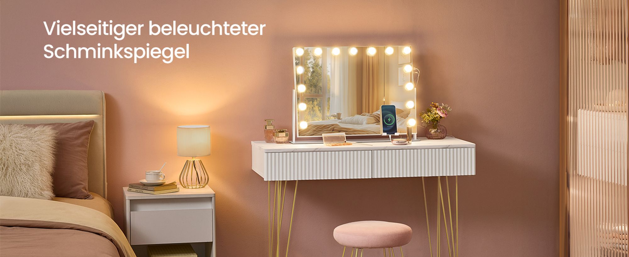 SONGMICS Schminkspiegel mit LED-Beleuchtung, Touch-Steuerung, 15 LED-Glühbirnen, mit Ladeanschlüssen, 3 Lichtfarben