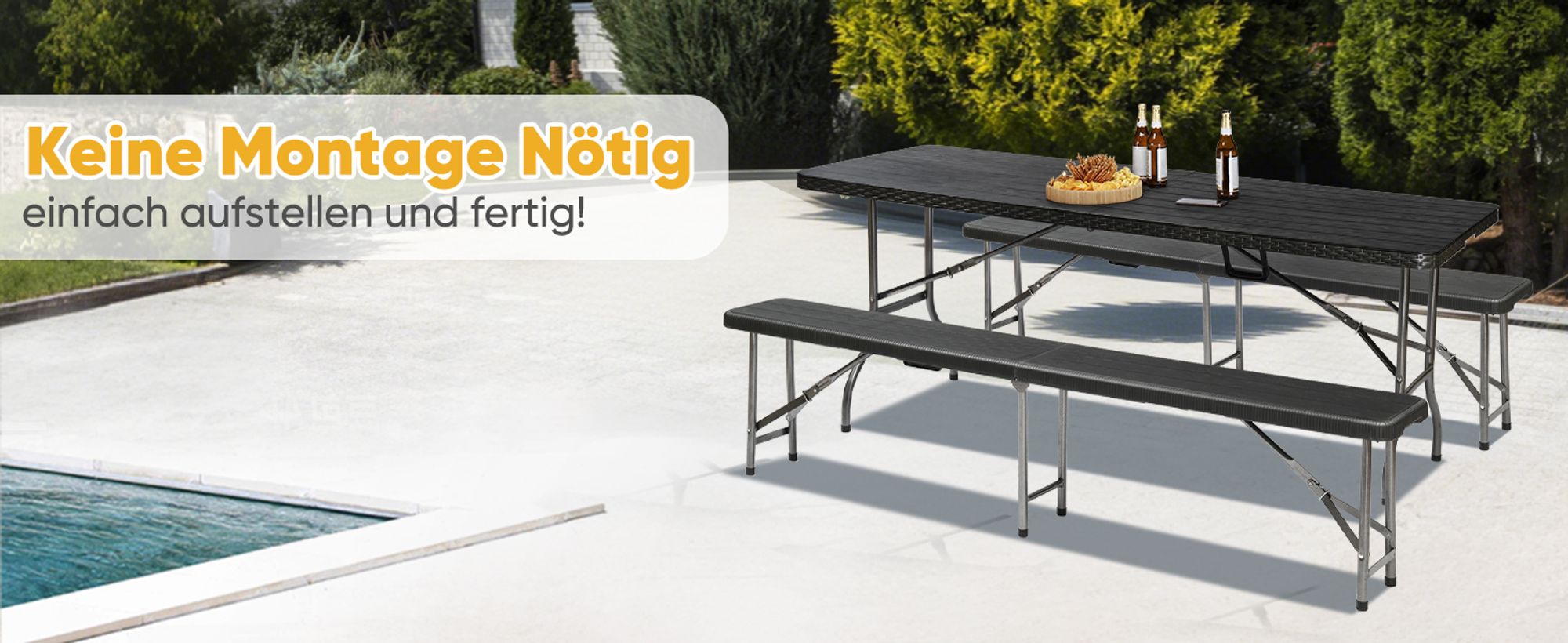 Sekey 180cm Bierzeltgarnitur 3-teilig Klappbar Campingtisch Holzmaserung Schwarz