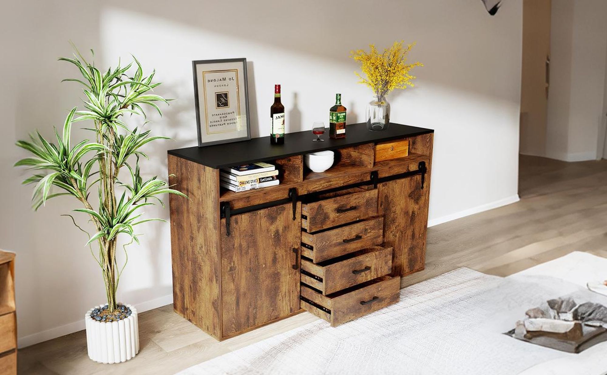 HOMAVO HG1-L Sideboard – 4 Schubladen, 2 Schiebetüren, 2 offene Fächer, pflegeleichte Melaminoberfläche,Holz, ideal für Wohnzimmer & Esszimmer